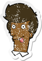 retro distressed sticker of a cartoon man with tongue hanging out png