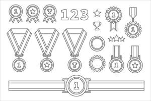 Medal and ribbon outline icon set. The medals come in different sizes and shapes, and they are all in a row. vector