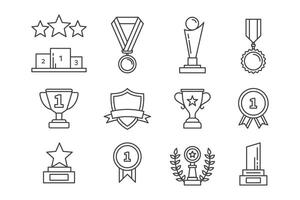 Set of outline icons of trophy, medal and champion award with ribbon vector