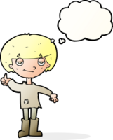 cartoon boy in poor clothing giving thumbs up symbol with thought bubble png