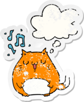 cartoon cat singing with thought bubble as a distressed worn sticker png