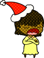 hand drawn comic book style illustration of a woman talking loudly wearing santa hat png