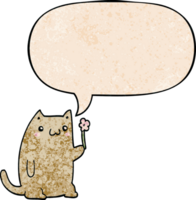 cute cartoon cat with flower with speech bubble in retro texture style png