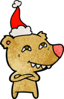 main tiré texturé dessin animé de une ours montrant les dents portant Père Noël chapeau png