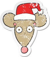 retro distressed sticker of a cartoon mouse in christmas hat png