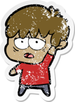 distressed sticker of a cartoon exhausted boy png