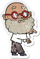 distressed sticker of a cartoon curious man with beard and glasses png