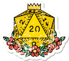 grunge sticker of a natural 20 D20 dice roll with floral elements png