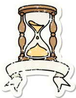 worn old sticker with banner of an hour glass png