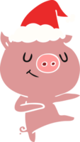 happy hand drawn flat color illustration of a pig dancing wearing santa hat png