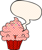 cute cartoon frosted cupcake with speech bubble in comic book style png