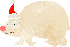 hand drawn retro cartoon of a walking polar bear wearing santa hat png