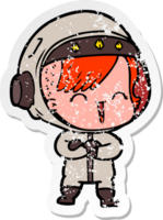 distressed sticker of a cartoon laughing astronaut girl png