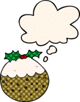 cartoon christmas pudding with thought bubble in comic book style png