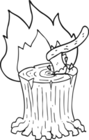 hand drawn black and white cartoon axe in a flaming tree stump png