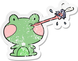 distressed sticker of a cartoon frog catching fly png