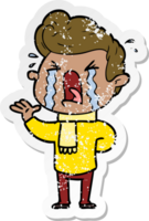 distressed sticker of a cartoon crying man png