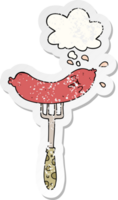 cartoon happy sausage on fork with thought bubble as a distressed worn sticker png