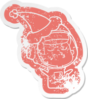 quirky cartoon distressed sticker of a confident astronaut wearing santa hat png