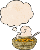 dessin animé bol de chaud soupe avec pensée bulle dans grunge texture style png