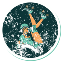 distressed sticker tattoo in traditional style of a pinup roller derby girl with banner png