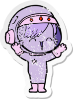 distressed sticker of a cartoon laughing astronaut girl png