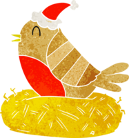 hand drawn retro cartoon of a bird sitting on nest wearing santa hat png