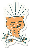 vieil autocollant usé d'un personnage de cochon nerveux de style tatouage png