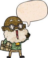 cartoon joyful man with beard and parcel under arm with speech bubble in retro texture style png