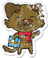 distressed sticker of a cartoon dog ready for xmas png