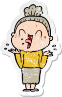 distressed sticker of a cartoon happy old woman png