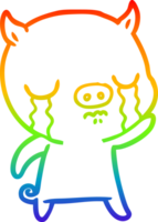 rainbow gradient line drawing of a cartoon pig crying waving goodbye png