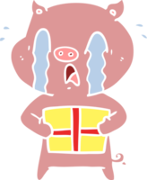 dibujos animados de estilo de color plano de cerdo llorando entregando regalo de navidad png