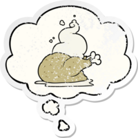 cartoon cooked chicken with thought bubble as a distressed worn sticker png