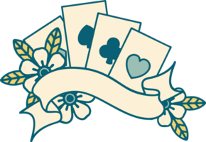 iconic tattoo style image of cards and banner png