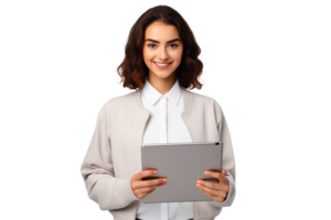 Attractive smiling girl working on a tablet on a transparent background png