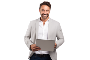 attrayant souriant homme travail sur tablette sur transparent Contexte png