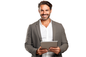 attrayant souriant homme travail sur tablette sur transparent Contexte png