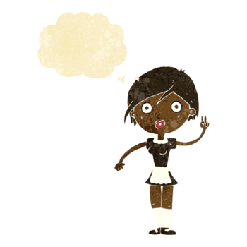 caricatura, camarera, elaboración, mano, gesto, con, pensamiento, burbuja png