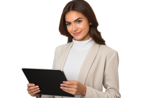 Attractive smiling girl working on a tablet on a transparent background png