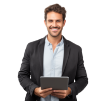 attrayant souriant homme travail sur tablette sur transparent Contexte png