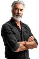 photo portrait of a handsome older man with fresh stylish hair and beard with a strong jawline, arms crossed in front of him, on a transparent background png