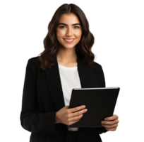 Attractive smiling girl working on a tablet on a transparent background png