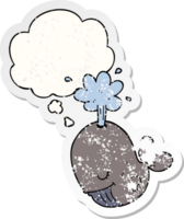 cartoon spouting whale with thought bubble as a distressed worn sticker png