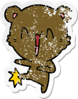 distressed sticker of a happy bear kicking cartoon png