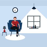 un hombre sentado en su favorito sofá y disfrutar con su inteligente teléfono a hogar - vistoso plano dibujos animados ilustraciones vector