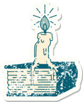 worn old sticker of a tattoo style candle melting on book png