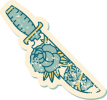 iconic distressed sticker tattoo style image of a dagger and flowers png