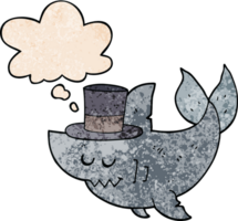 cartoon shark wearing top hat with thought bubble in grunge texture style png