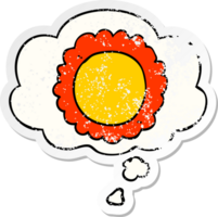 cartoon flower with thought bubble as a distressed worn sticker png